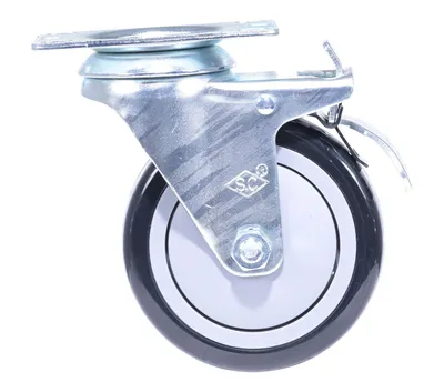 Vestil Polyurethane/Polyolefin Total Lock Swivel Caster 4 In. Diameter x 1-1/4 In. Width 3/8 In. Single Ball Bearing, 2-3/8 In. x 3-5/8 In. Top Plate, 350 Lb. Capacity Black/Gray