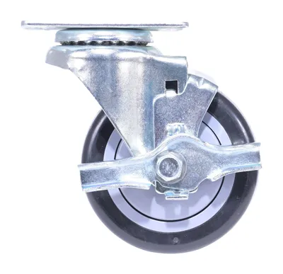 Vestil Polyurethane/Polyolefin Swivel Caster Top-Lock Brake 4 In. Diameter x 1-1/4 In. Width 3/8 In. Single Ball Bearing 2-3/8 In. x 3-5/8 In. Top Plate, 350 Lb. Capacity Black/Gray