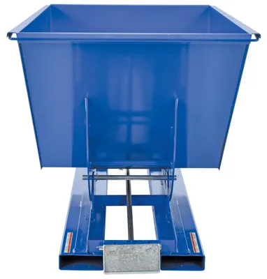 Vestil D-100-HD d style - self-dumping steel hoppers with bumper release shown from an alternate angle