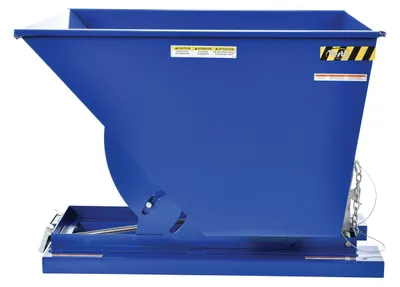 Vestil D-100-HD d style - self-dumping steel hoppers with bumper release shown from an alternate angle