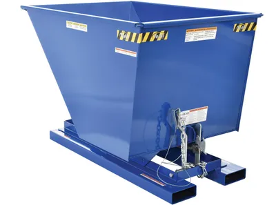 Vestil D-100-HD d style - self-dumping steel hoppers with bumper release shown from an alternate angle
