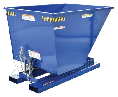 Vestil D-100-HD d style - self-dumping steel hoppers with bumper release shown from an alternate angle