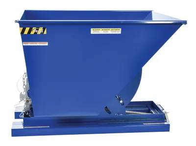 Vestil D-100-HD d style - self-dumping steel hoppers with bumper release shown from an alternate angle