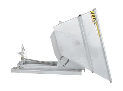 Vestil D-100-HD-GAL d style - self-dumping steel hoppers with bumper release shown from an alternate angle