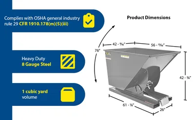Vestil D-100-HD-GY-MG d style - self-dumping steel hoppers with bumper release feature highlights