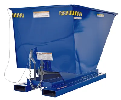 Vestil D-100-LD d style - self-dumping steel hoppers with bumper release shown from an alternate angle