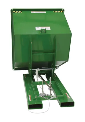 Vestil D-100-MD-GRN-T d style - self-dumping steel hoppers with bumper release shown from an alternate angle