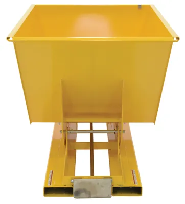 Vestil D-100-MD-YEL d style - self-dumping steel hoppers with bumper release shown from an alternate angle