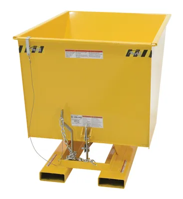Vestil D-100-MD-YEL d style - self-dumping steel hoppers with bumper release shown from an alternate angle