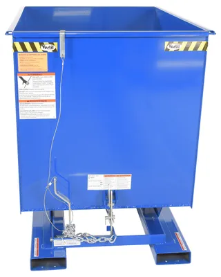 Vestil D-150-HD d style - self-dumping steel hoppers with bumper release shown from an alternate angle