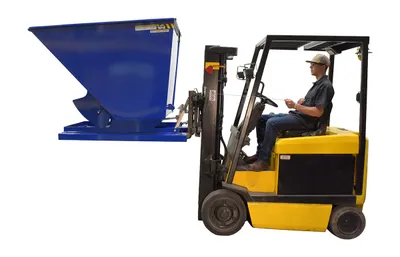 Vestil D-150-HD d style - self-dumping steel hoppers with bumper release shown from an alternate angle