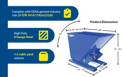 Vestil D-150-HD d style - self-dumping steel hoppers with bumper release feature highlights