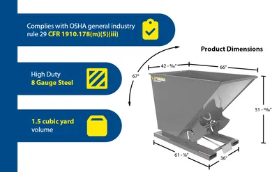Vestil D-150-HD-GY-MG d style - self-dumping steel hoppers with bumper release feature highlights