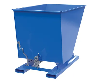 Vestil D-150-LD d style - self-dumping steel hoppers with bumper release shown from an alternate angle