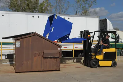 Vestil D-150-MD d style - self-dumping steel hoppers with bumper release shown from an alternate angle