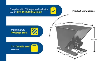 Vestil D-150-MD-GY-MG d style - self-dumping steel hoppers with bumper release feature highlights
