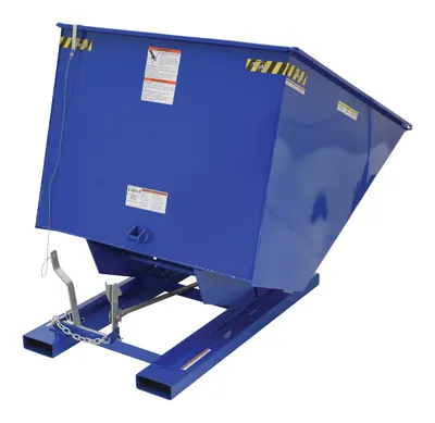 Vestil D-200-LD d style - self-dumping steel hoppers with bumper release shown from an alternate angle