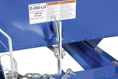 Vestil D-200-LD d style - self-dumping steel hoppers with bumper release shown from an alternate angle