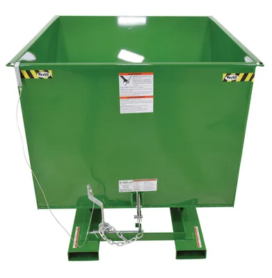 Vestil D-200-LD-GRN-T d style - self-dumping steel hoppers with bumper release shown from an alternate angle