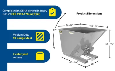 Vestil D-200-MD-GY-MG d style - self-dumping steel hoppers with bumper release feature highlights