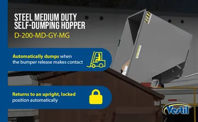 Vestil D-200-MD-GY-MG d style - self-dumping steel hoppers with bumper release feature highlights