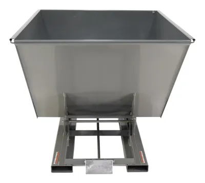 Vestil D-200-MD-GY-SG d style - self-dumping steel hoppers with bumper release shown from an alternate angle
