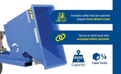 Vestil D-25-MD d style - self-dumping steel hoppers with bumper release feature highlights