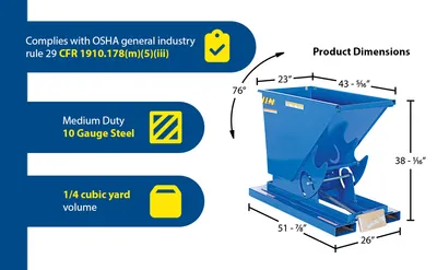 Vestil D-25-MD d style - self-dumping steel hoppers with bumper release feature highlights