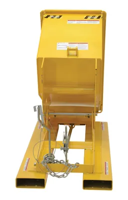 Vestil D-25-MD-YEL d style - self-dumping steel hoppers with bumper release shown from an alternate angle