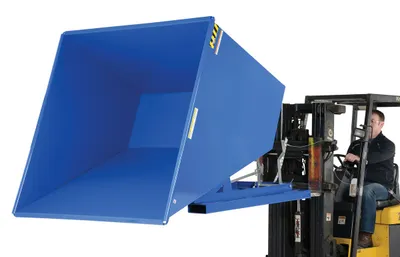 Vestil D-250-HD d style - self-dumping steel hoppers with bumper release shown from an alternate angle