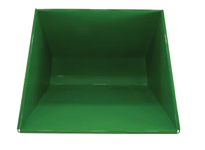 Vestil D-250-HD-GRN-T d style - self-dumping steel hoppers with bumper release shown from an alternate angle
