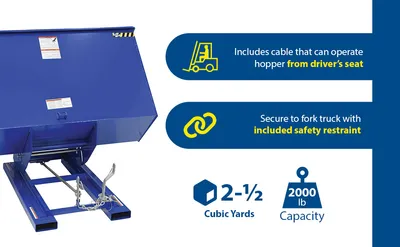 Vestil D-250-LD d style - self-dumping steel hoppers with bumper release feature highlights