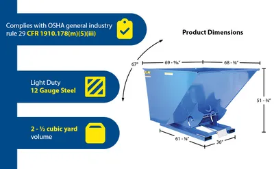 Vestil D-250-LD d style - self-dumping steel hoppers with bumper release feature highlights