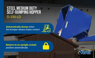 Vestil D-250-LD d style - self-dumping steel hoppers with bumper release feature highlights