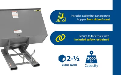 Vestil D-250-LD-GY-MG d style - self-dumping steel hoppers with bumper release feature highlights