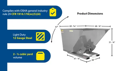 Vestil D-250-LD-GY-MG d style - self-dumping steel hoppers with bumper release feature highlights