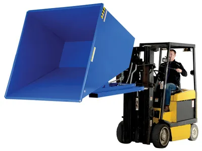 Vestil D-250-MD d style - self-dumping steel hoppers with bumper release shown from an alternate angle