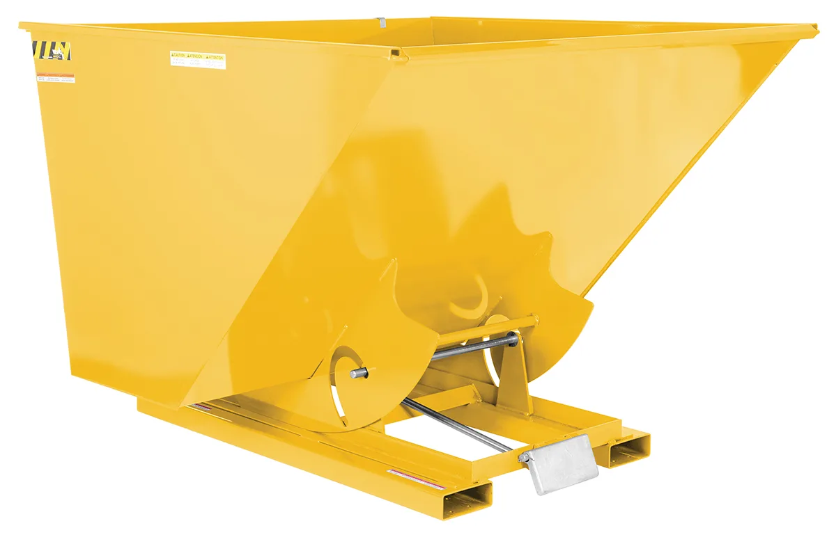 Vestil D-250-MD-YEL d style - self-dumping steel hoppers with bumper release