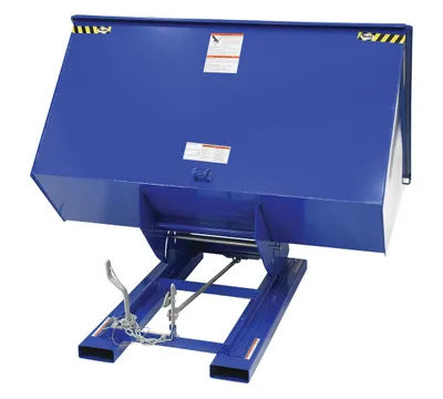 Vestil D-300-HD d style - self-dumping steel hoppers with bumper release shown from an alternate angle