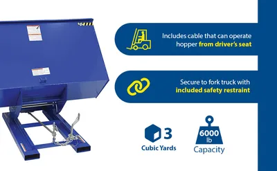 Vestil D-300-HD d style - self-dumping steel hoppers with bumper release feature highlights