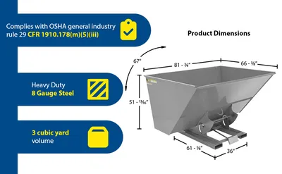 Vestil D-300-HD-GY-MG d style - self-dumping steel hoppers with bumper release feature highlights