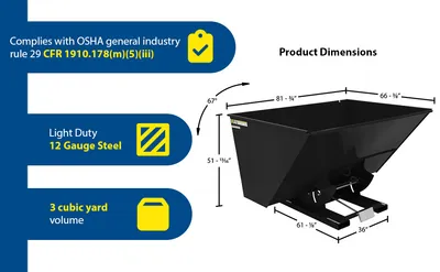 Vestil D-300-LD-BLK-SG d style - self-dumping steel hoppers with bumper release feature highlights