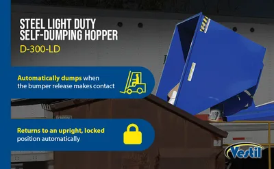 Vestil D-300-LD d style - self-dumping steel hoppers with bumper release feature highlights