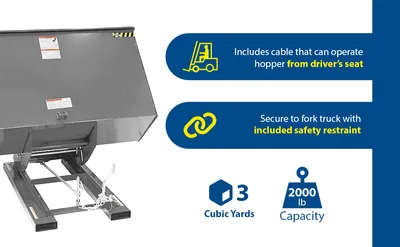 Vestil D-300-LD-GY-MG d style - self-dumping steel hoppers with bumper release feature highlights