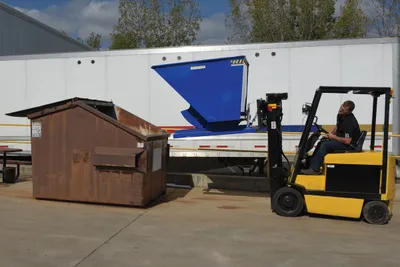 Vestil D-300-MD d style - self-dumping steel hoppers with bumper release shown from an alternate angle