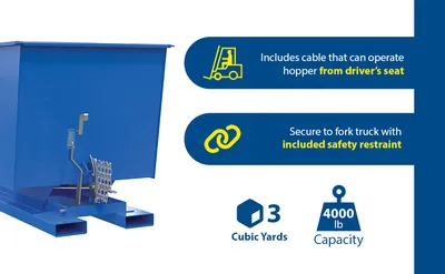 Vestil D-300-MD d style - self-dumping steel hoppers with bumper release feature highlights