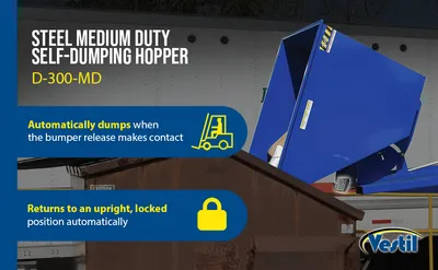 Vestil D-300-MD d style - self-dumping steel hoppers with bumper release feature highlights