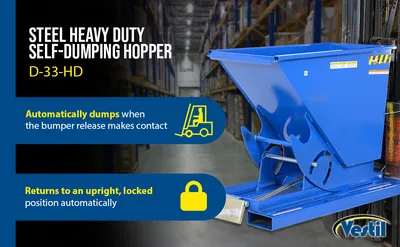 Vestil D-33-HD d style - self-dumping steel hoppers with bumper release feature highlights