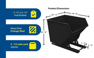Vestil D-350-HD-NB-BLK-SG d-style hoppers, no bump & dump feature highlights