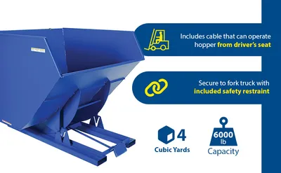 Vestil D-400-HD d style - self-dumping steel hoppers with bumper release feature highlights